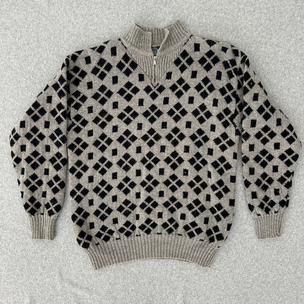 Vintage Gap Sweater Mens‎ Large Gray Wool 1/4 Zip Mock Neck Geometric Knit 90s